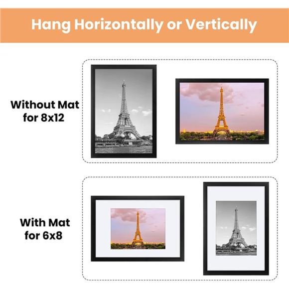 8x12 Picture Frame Set of 5,Display Pictures 6x8 with Mat or 8x12 Without Mat - Picture 2 of 6